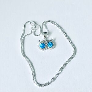 Sterling Silver Lab Opal Eyes Owl Necklace, Spirit Birds, Silver Necklaces,